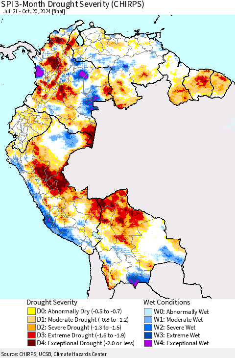 Northern South America SPI 3-Month Drought Severity (CHIRPS) Thematic Map For 7/21/2024 - 10/20/2024