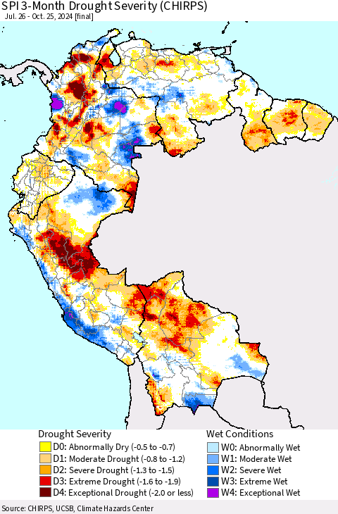 Northern South America SPI 3-Month Drought Severity (CHIRPS) Thematic Map For 7/26/2024 - 10/25/2024