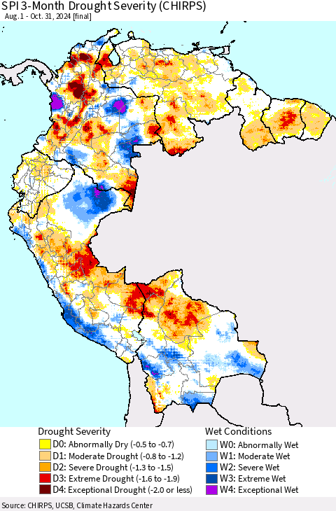 Northern South America SPI 3-Month Drought Severity (CHIRPS) Thematic Map For 8/1/2024 - 10/31/2024