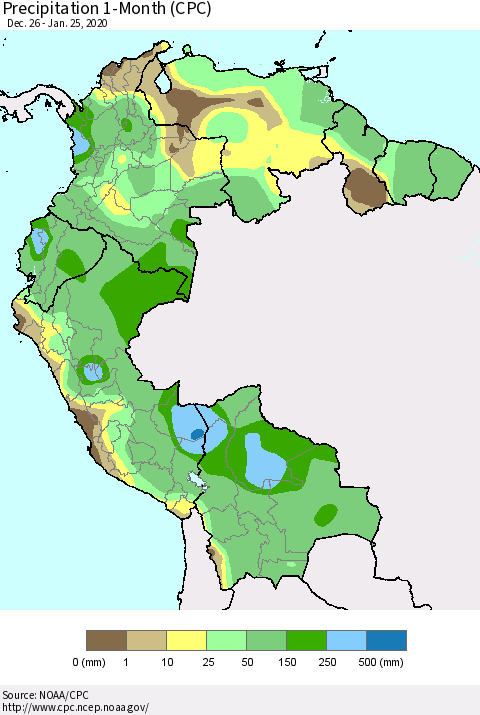Northern South America Precipitation 1-Month (CPC) Thematic Map For 12/26/2019 - 1/25/2020
