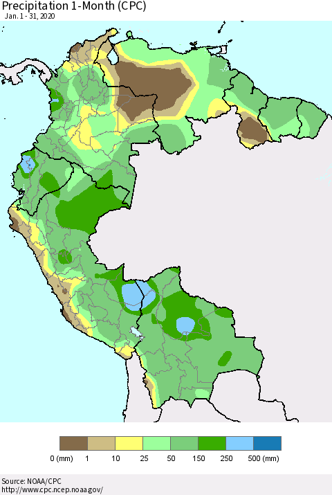 Northern South America Precipitation 1-Month (CPC) Thematic Map For 1/1/2020 - 1/31/2020