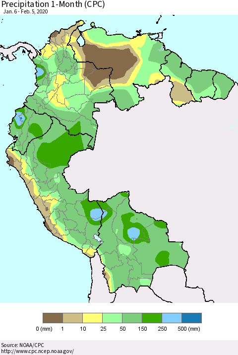 Northern South America Precipitation 1-Month (CPC) Thematic Map For 1/6/2020 - 2/5/2020