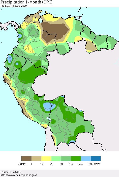 Northern South America Precipitation 1-Month (CPC) Thematic Map For 1/11/2020 - 2/10/2020