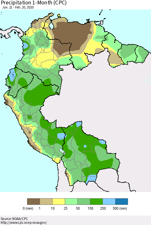 Northern South America Precipitation 1-Month (CPC) Thematic Map For 1/21/2020 - 2/20/2020