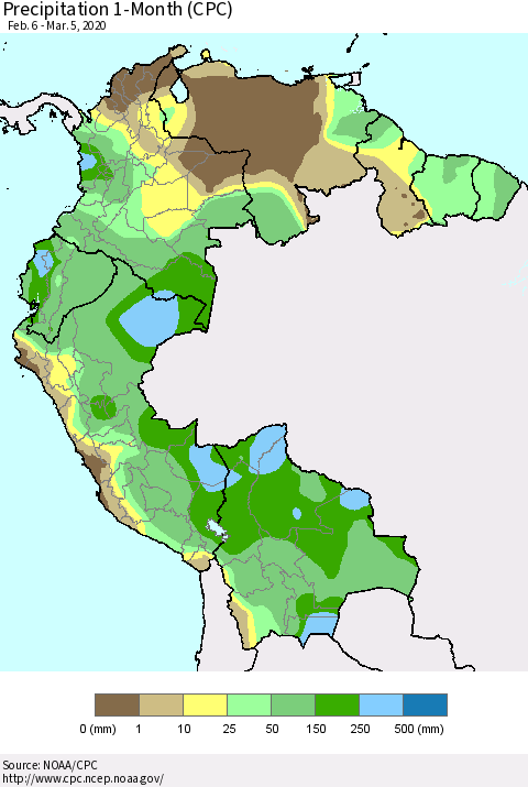 Northern South America Precipitation 1-Month (CPC) Thematic Map For 2/6/2020 - 3/5/2020
