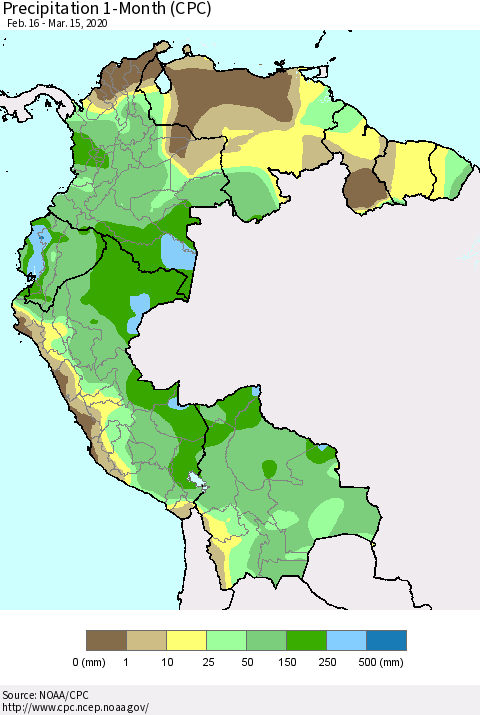 Northern South America Precipitation 1-Month (CPC) Thematic Map For 2/16/2020 - 3/15/2020