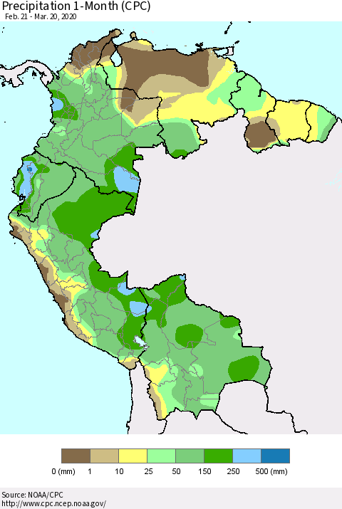 Northern South America Precipitation 1-Month (CPC) Thematic Map For 2/21/2020 - 3/20/2020