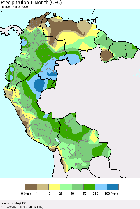 Northern South America Precipitation 1-Month (CPC) Thematic Map For 3/6/2020 - 4/5/2020