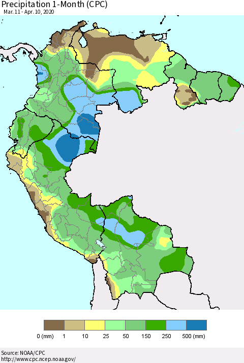 Northern South America Precipitation 1-Month (CPC) Thematic Map For 3/11/2020 - 4/10/2020