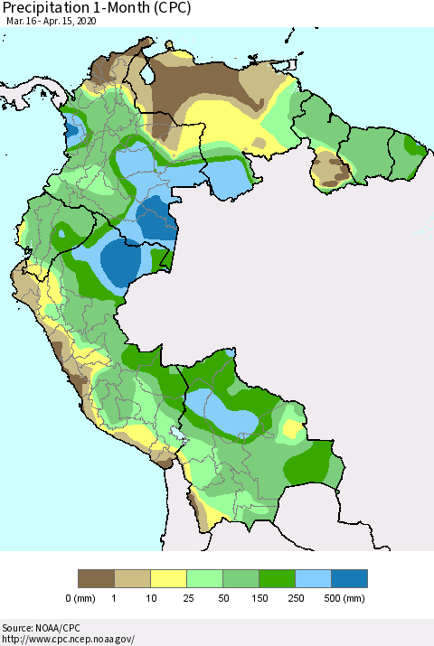 Northern South America Precipitation 1-Month (CPC) Thematic Map For 3/16/2020 - 4/15/2020