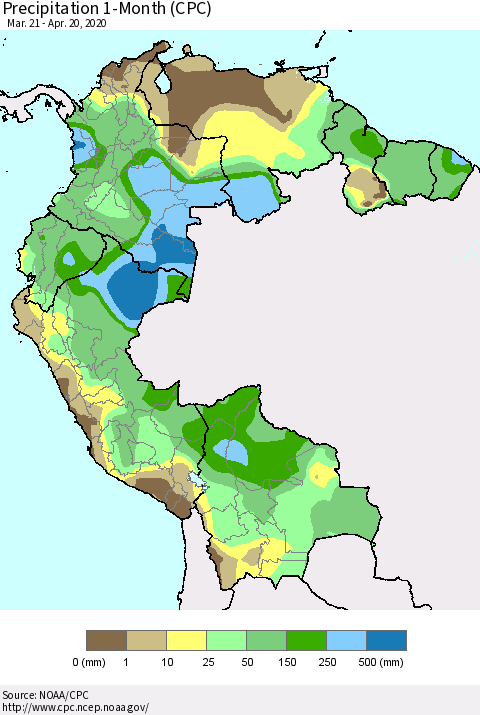 Northern South America Precipitation 1-Month (CPC) Thematic Map For 3/21/2020 - 4/20/2020
