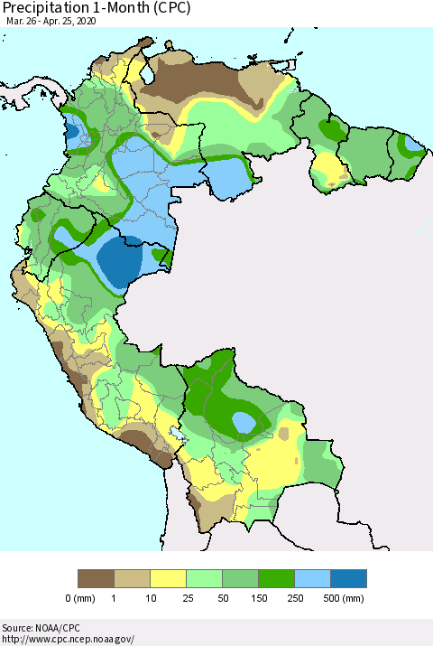 Northern South America Precipitation 1-Month (CPC) Thematic Map For 3/26/2020 - 4/25/2020