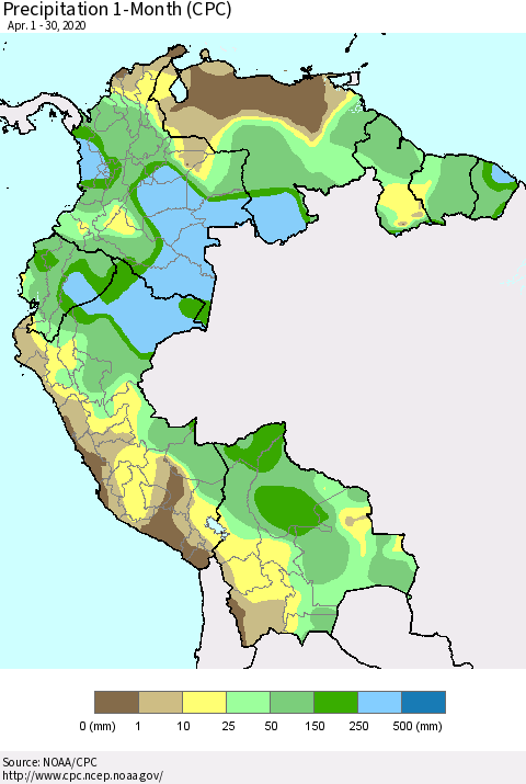 Northern South America Precipitation 1-Month (CPC) Thematic Map For 4/1/2020 - 4/30/2020