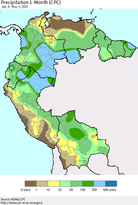 Northern South America Precipitation 1-Month (CPC) Thematic Map For 4/6/2020 - 5/5/2020