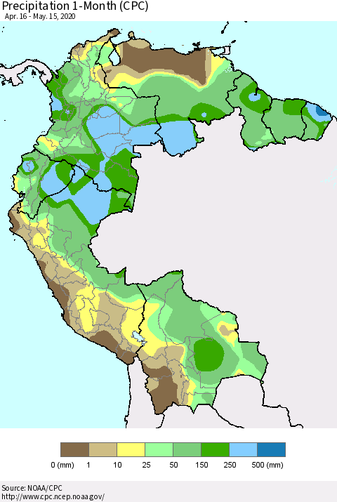 Northern South America Precipitation 1-Month (CPC) Thematic Map For 4/16/2020 - 5/15/2020