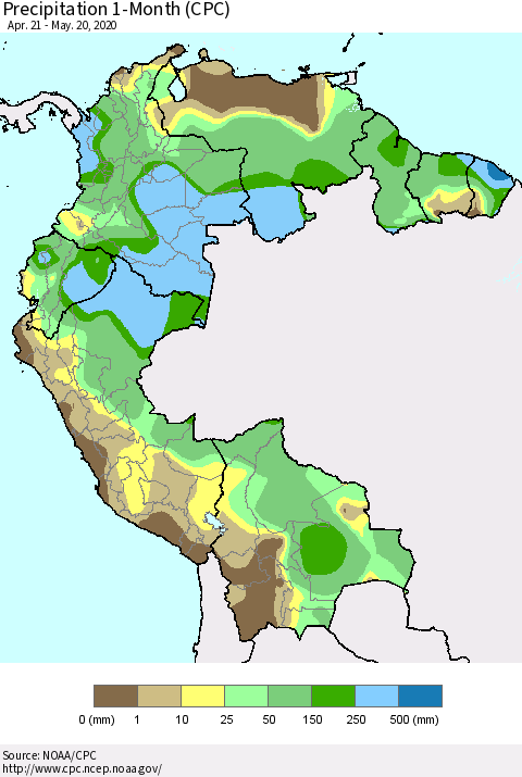 Northern South America Precipitation 1-Month (CPC) Thematic Map For 4/21/2020 - 5/20/2020