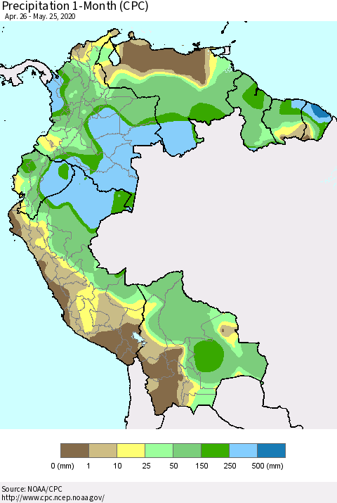 Northern South America Precipitation 1-Month (CPC) Thematic Map For 4/26/2020 - 5/25/2020