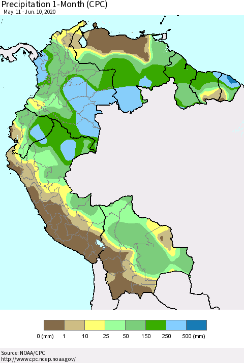 Northern South America Precipitation 1-Month (CPC) Thematic Map For 5/11/2020 - 6/10/2020