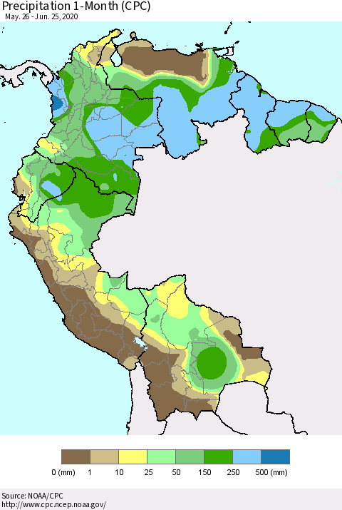 Northern South America Precipitation 1-Month (CPC) Thematic Map For 5/26/2020 - 6/25/2020