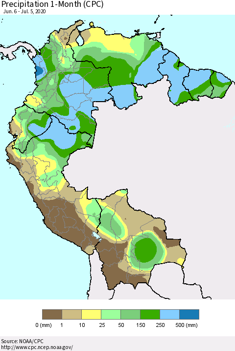 Northern South America Precipitation 1-Month (CPC) Thematic Map For 6/6/2020 - 7/5/2020