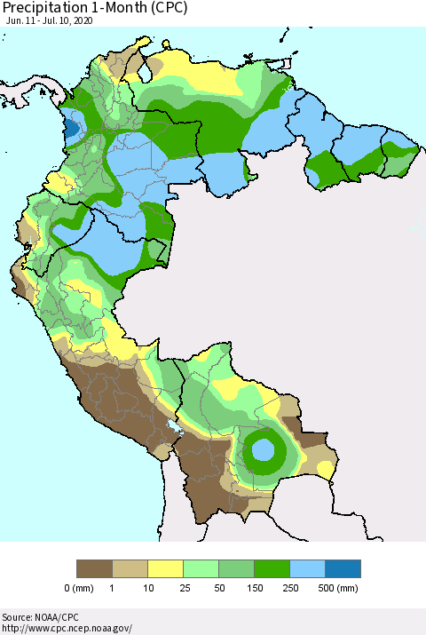 Northern South America Precipitation 1-Month (CPC) Thematic Map For 6/11/2020 - 7/10/2020