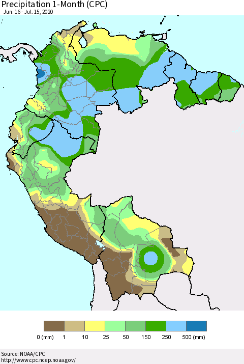 Northern South America Precipitation 1-Month (CPC) Thematic Map For 6/16/2020 - 7/15/2020