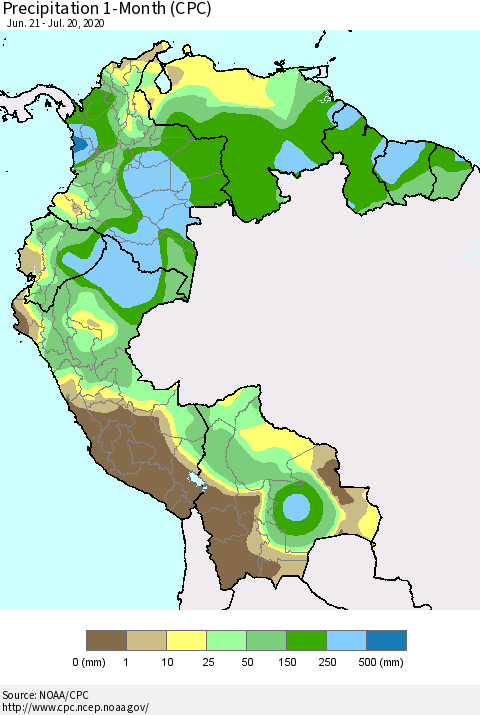 Northern South America Precipitation 1-Month (CPC) Thematic Map For 6/21/2020 - 7/20/2020