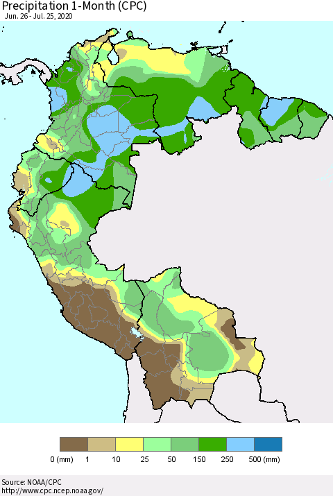 Northern South America Precipitation 1-Month (CPC) Thematic Map For 6/26/2020 - 7/25/2020