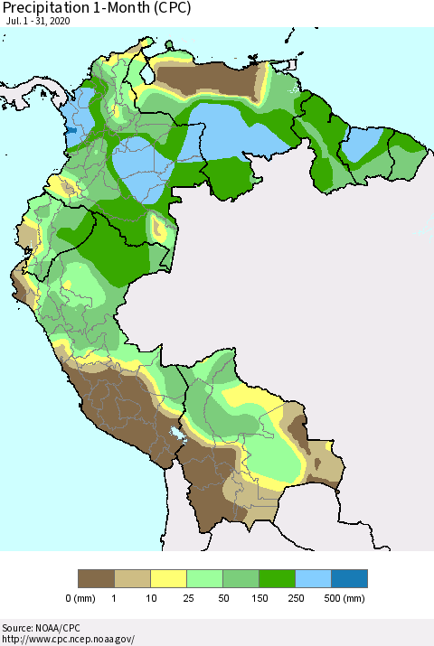 Northern South America Precipitation 1-Month (CPC) Thematic Map For 7/1/2020 - 7/31/2020