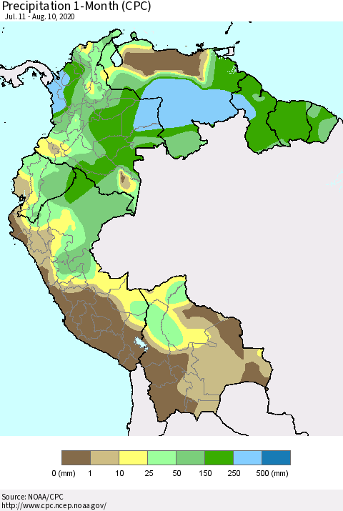 Northern South America Precipitation 1-Month (CPC) Thematic Map For 7/11/2020 - 8/10/2020