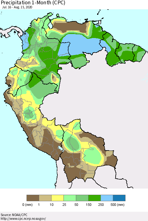 Northern South America Precipitation 1-Month (CPC) Thematic Map For 7/16/2020 - 8/15/2020