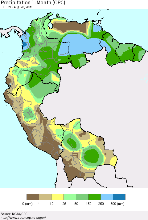 Northern South America Precipitation 1-Month (CPC) Thematic Map For 7/21/2020 - 8/20/2020