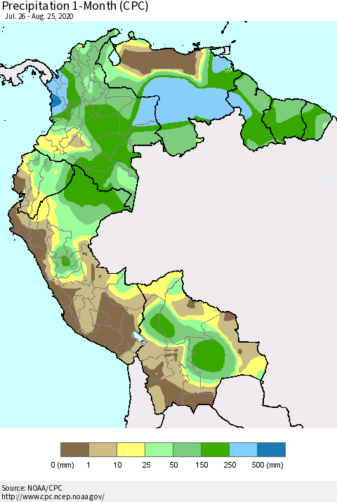 Northern South America Precipitation 1-Month (CPC) Thematic Map For 7/26/2020 - 8/25/2020