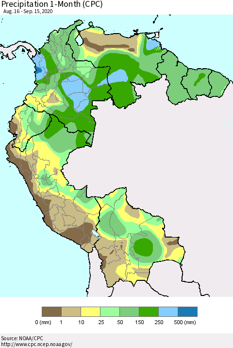 Northern South America Precipitation 1-Month (CPC) Thematic Map For 8/16/2020 - 9/15/2020