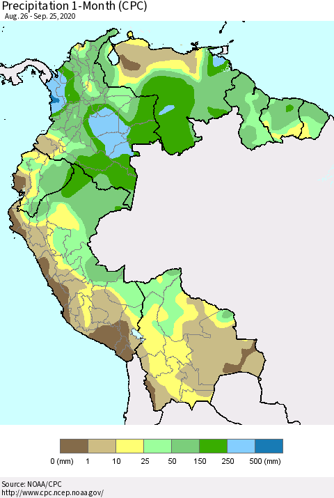 Northern South America Precipitation 1-Month (CPC) Thematic Map For 8/26/2020 - 9/25/2020
