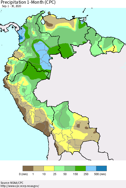 Northern South America Precipitation 1-Month (CPC) Thematic Map For 9/1/2020 - 9/30/2020