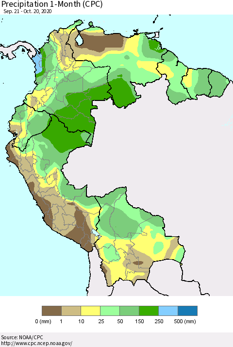 Northern South America Precipitation 1-Month (CPC) Thematic Map For 9/21/2020 - 10/20/2020