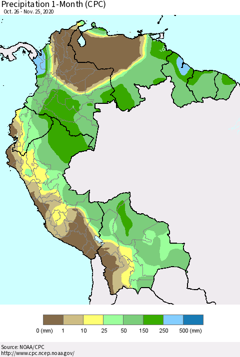 Northern South America Precipitation 1-Month (CPC) Thematic Map For 10/26/2020 - 11/25/2020