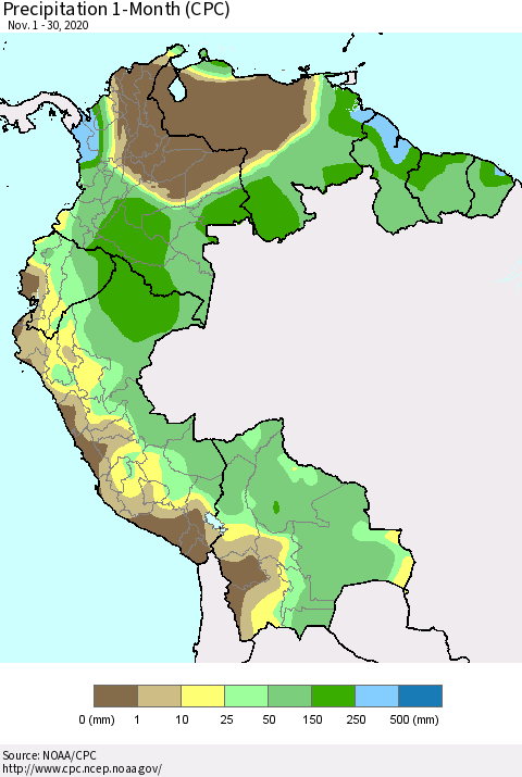 Northern South America Precipitation 1-Month (CPC) Thematic Map For 11/1/2020 - 11/30/2020