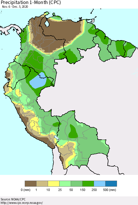 Northern South America Precipitation 1-Month (CPC) Thematic Map For 11/6/2020 - 12/5/2020