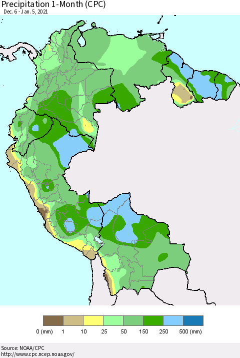 Northern South America Precipitation 1-Month (CPC) Thematic Map For 12/6/2020 - 1/5/2021