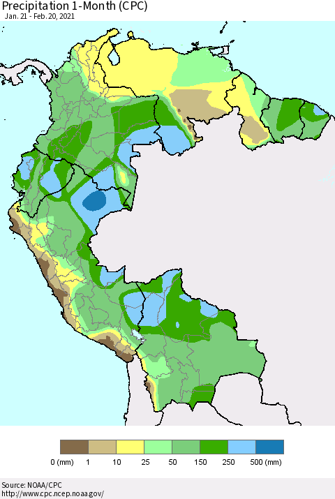 Northern South America Precipitation 1-Month (CPC) Thematic Map For 1/21/2021 - 2/20/2021