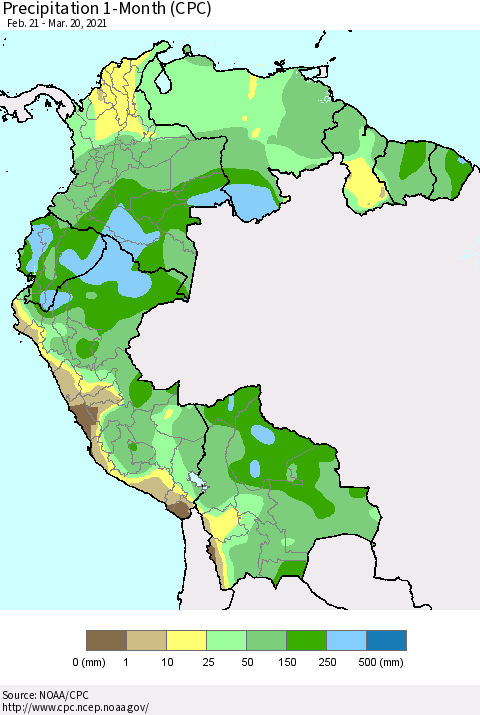 Northern South America Precipitation 1-Month (CPC) Thematic Map For 2/21/2021 - 3/20/2021