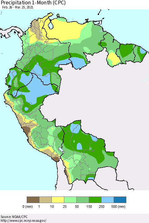 Northern South America Precipitation 1-Month (CPC) Thematic Map For 2/26/2021 - 3/25/2021