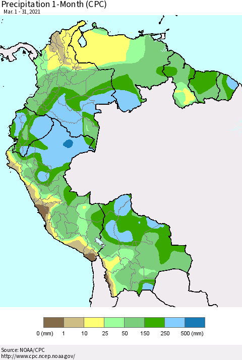 Northern South America Precipitation 1-Month (CPC) Thematic Map For 3/1/2021 - 3/31/2021