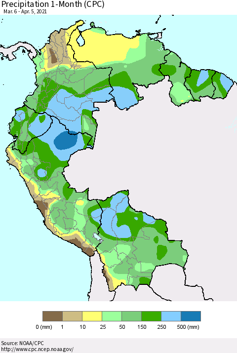 Northern South America Precipitation 1-Month (CPC) Thematic Map For 3/6/2021 - 4/5/2021