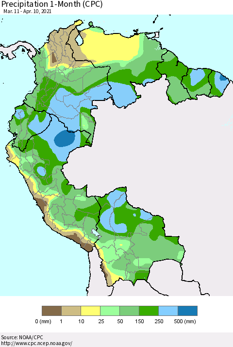 Northern South America Precipitation 1-Month (CPC) Thematic Map For 3/11/2021 - 4/10/2021