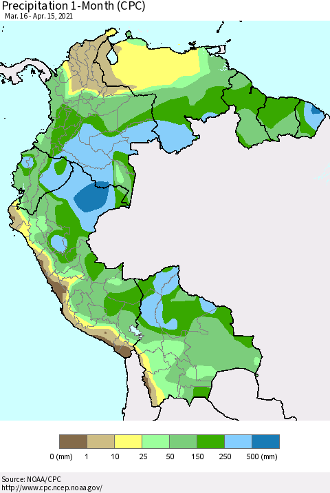 Northern South America Precipitation 1-Month (CPC) Thematic Map For 3/16/2021 - 4/15/2021