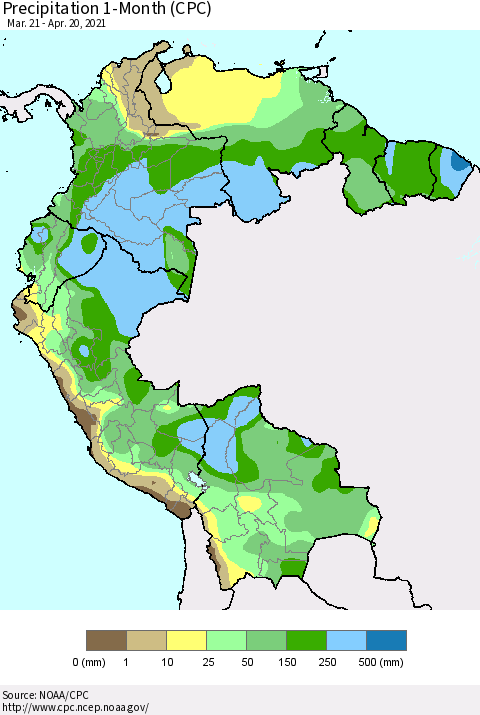 Northern South America Precipitation 1-Month (CPC) Thematic Map For 3/21/2021 - 4/20/2021