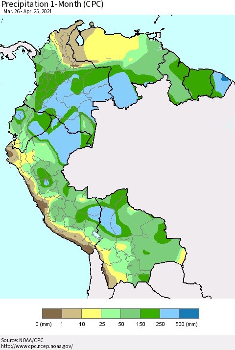 Northern South America Precipitation 1-Month (CPC) Thematic Map For 3/26/2021 - 4/25/2021